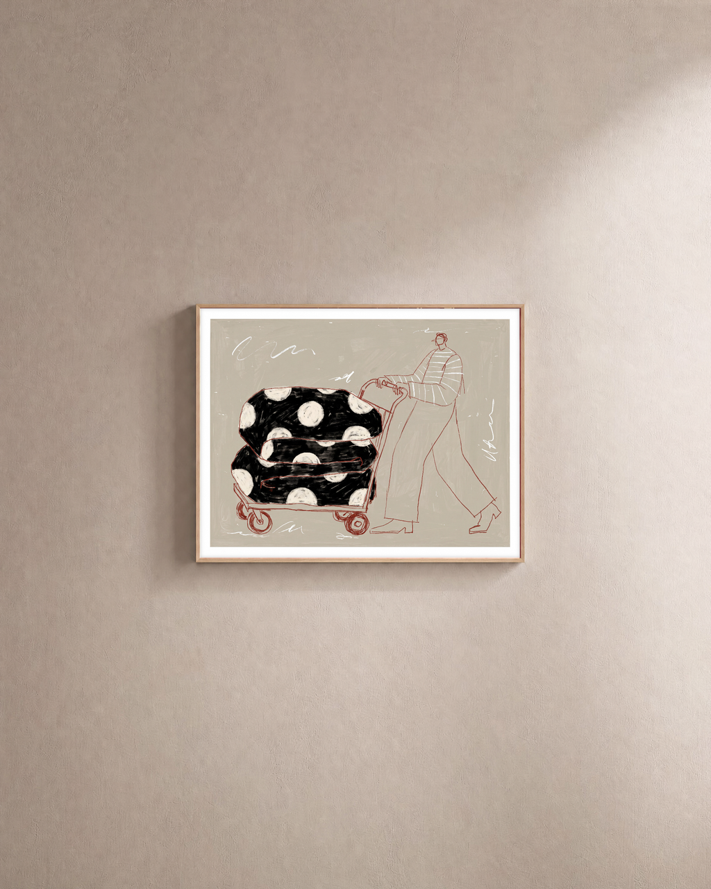 Carry Pattern unframed print is shown framed for styling in a plain wall; frame not included