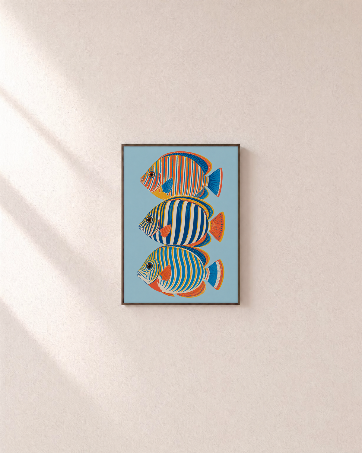 Reef Trio blue fish wall art: unframed print is shown framed for styling on a plain wall; frame not included