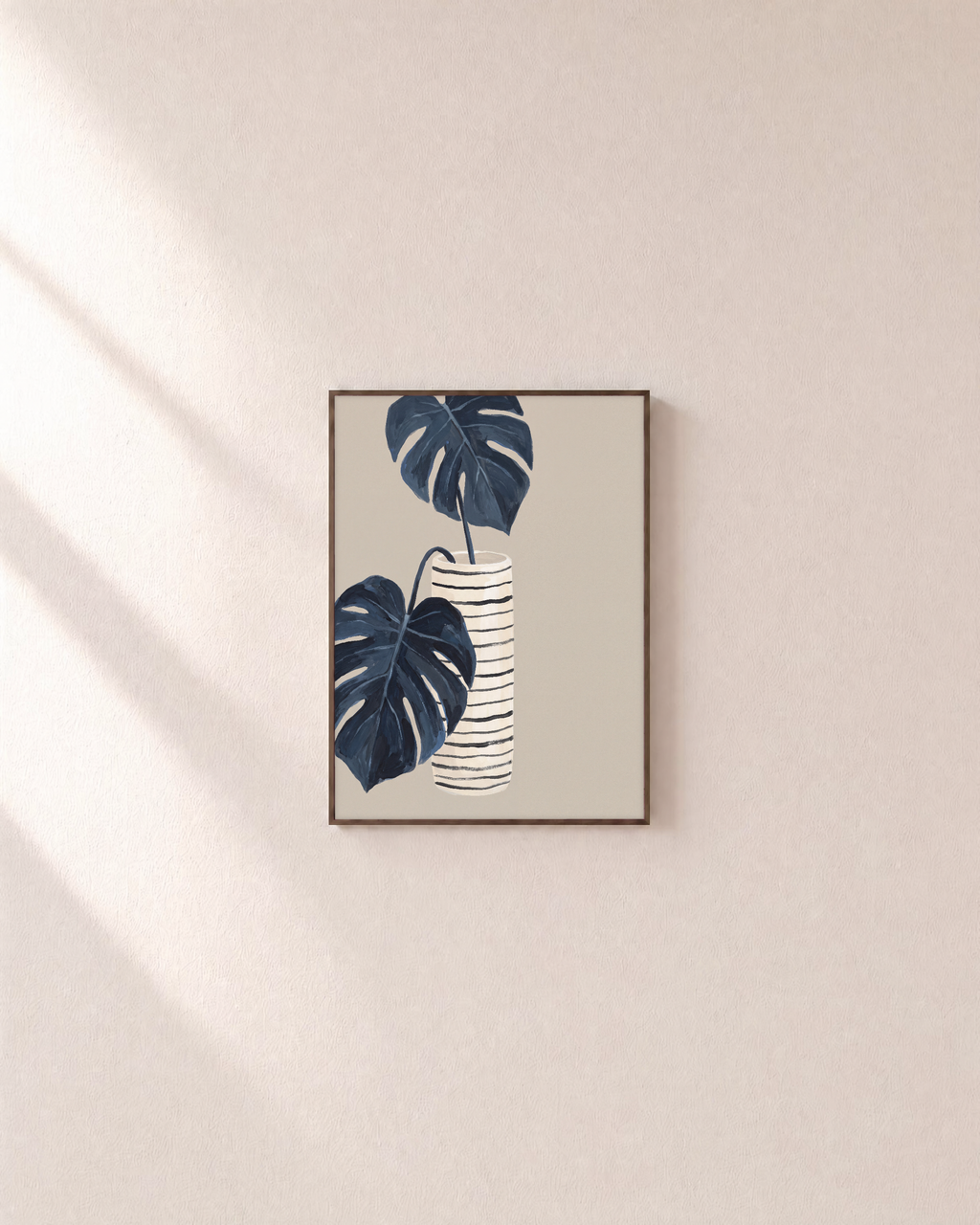 Stripe Pot Leaves Studio edition unframed print is shown framed for styling in a plain wall; Frame not included