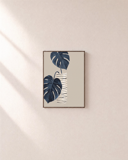 Stripe Pot Leaves Studio edition unframed print is shown framed for styling in a plain wall; Frame not included