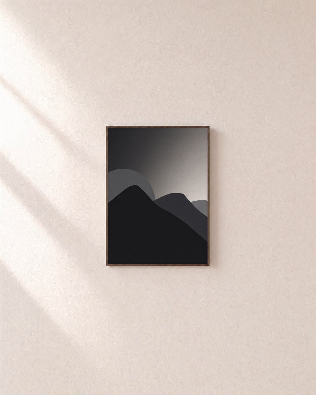 Charcoal Ridges unframed print is shown framed for styling in a plain wall; frame not included