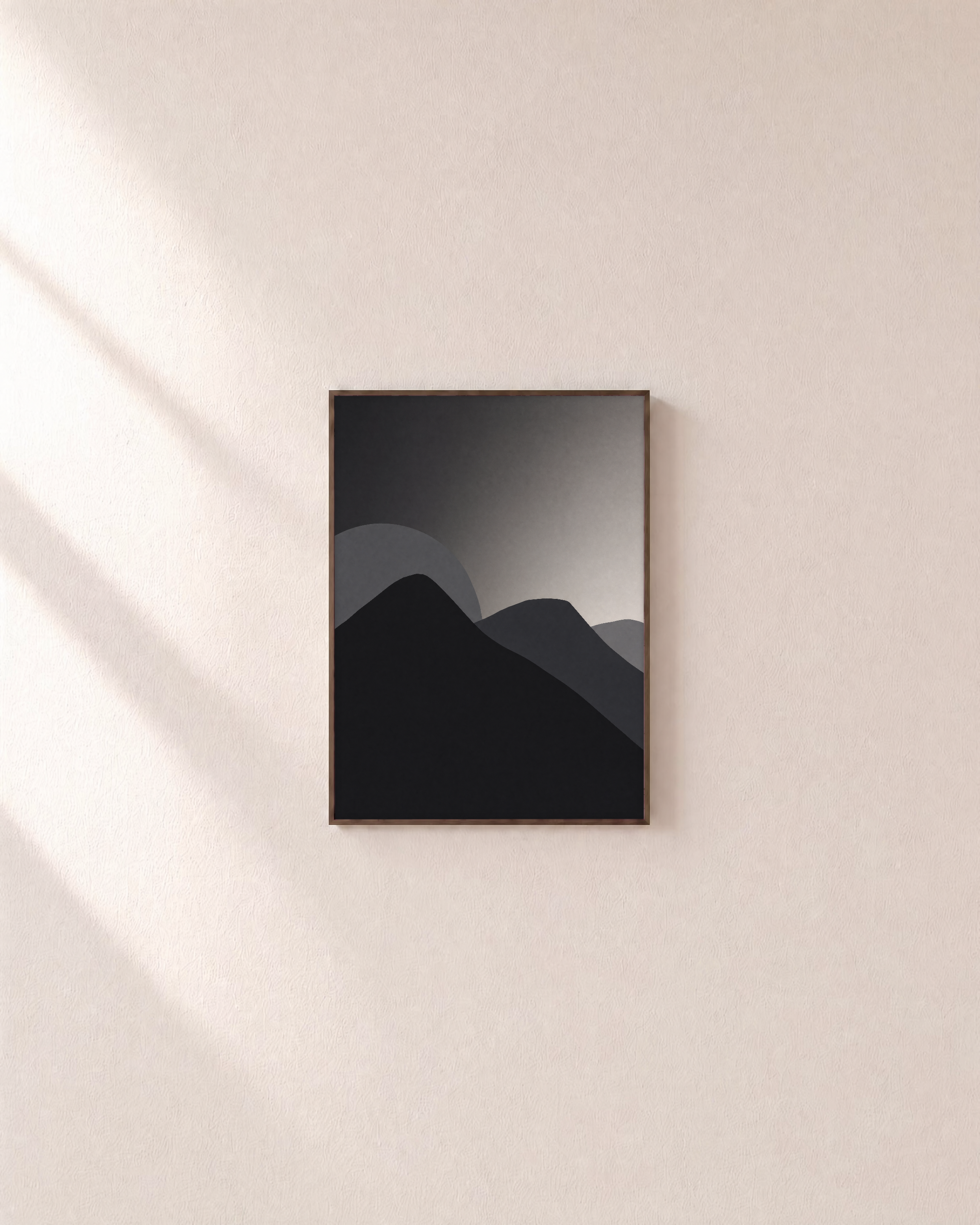 Charcoal Ridges unframed print is shown framed for styling in a plain wall; frame not included