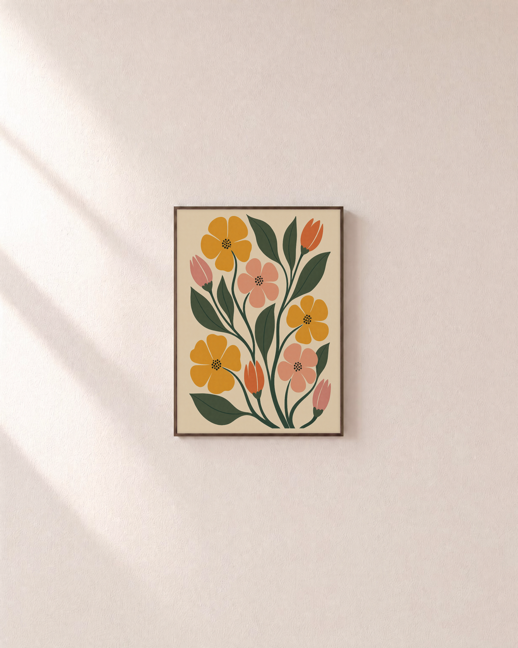 Bloom Hour flower wall art: unframed print is shown framed for styling on a plain wall; frame not included