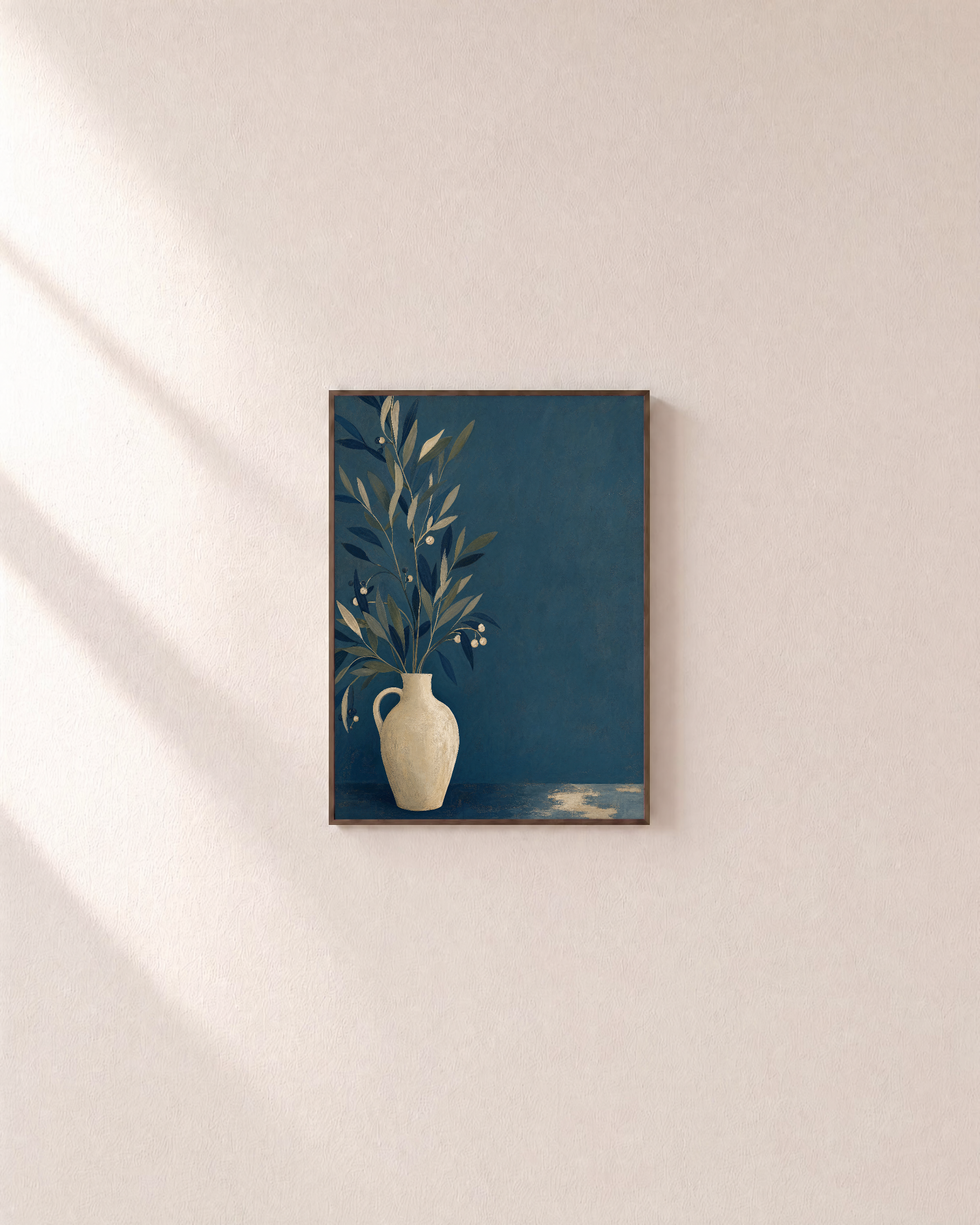 Teal Willow Pitcher unframed print is shown framed for styling in a plain wall; frame not included