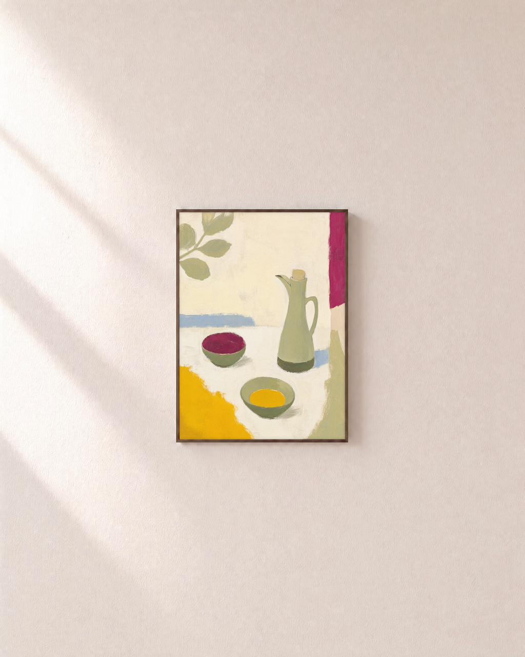 Oil Pourer Table unframed print is shown framed for styling in a plain wall; frame not included