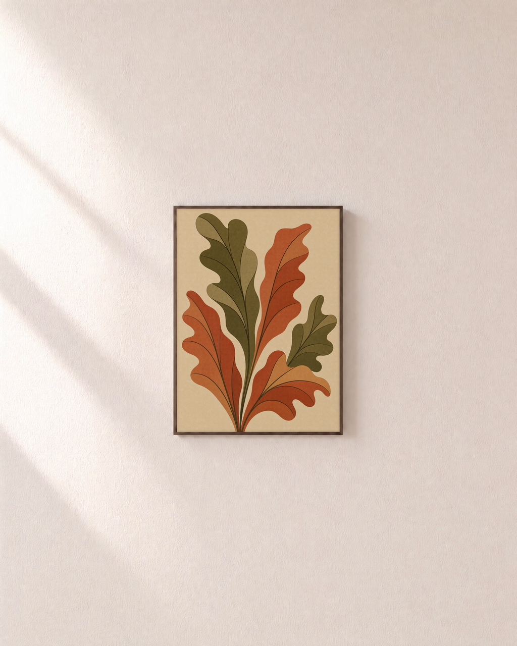 Oak Rise oak leaf botanical prints: unframed print is shown framed for styling on a plain wall; frame not included