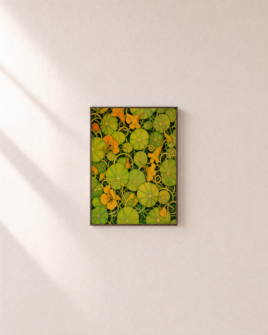 Nasturtium Hour green nasturtium pad wall art: unframed print is shown framed for styling on a plain wall; frame not included