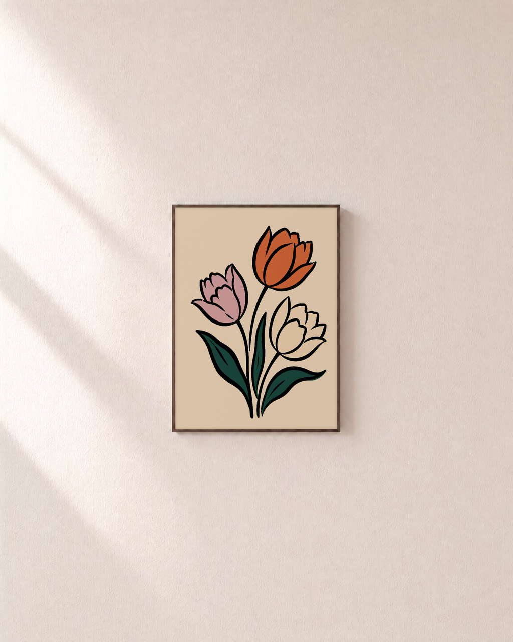 Three Tulips On Cream unframed print is shown framed for styling in a plain wall; frame not included