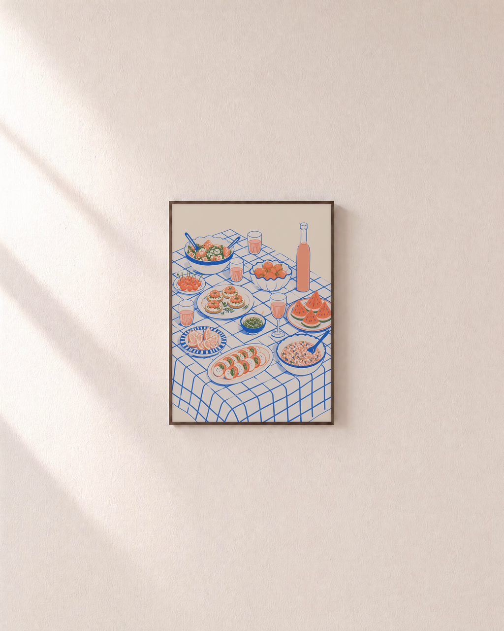Picnic Hour food art prints: unframed print is shown framed for styling on a plain wall; frame not included