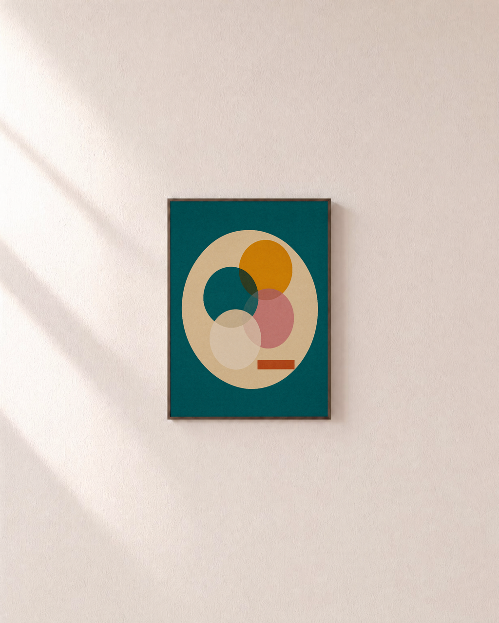 Circle Stack teal circle geometric wall art: unframed print is shown framed for styling on a plain wall; frame not included