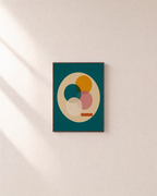 Circle Stack teal circle geometric wall art: unframed print is shown framed for styling on a plain wall; frame not included