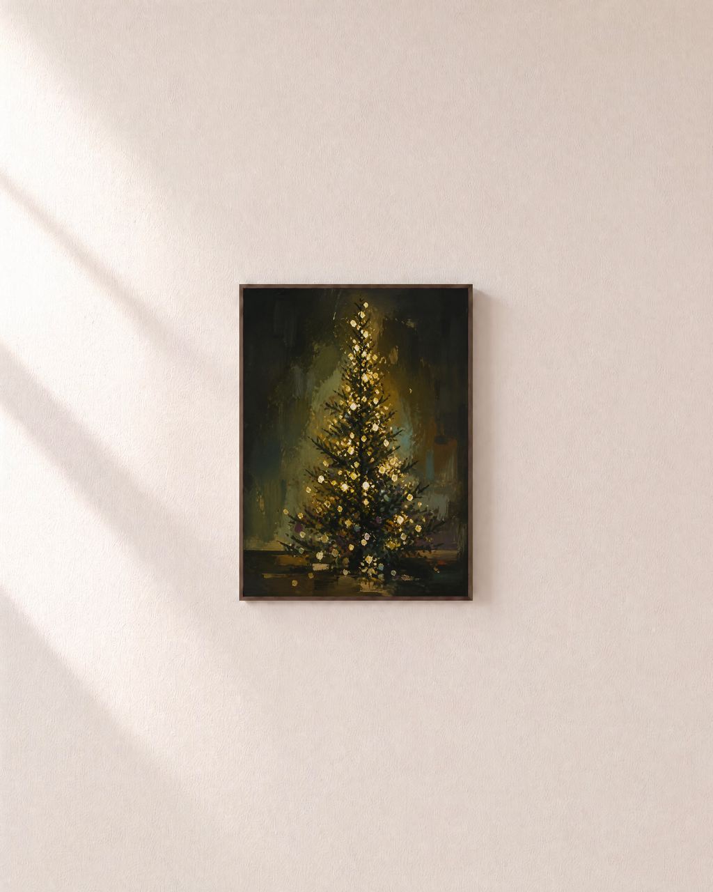 Night Fir impasto tree print: unframed print is shown framed for styling on a plain wall; frame not included