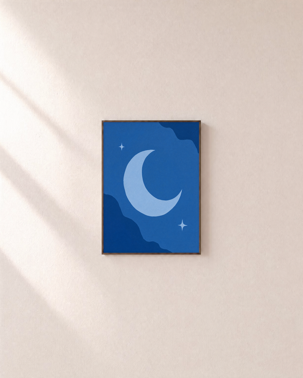 Blue Crescent unframed print is shown framed for styling in a plain wall; frame not included