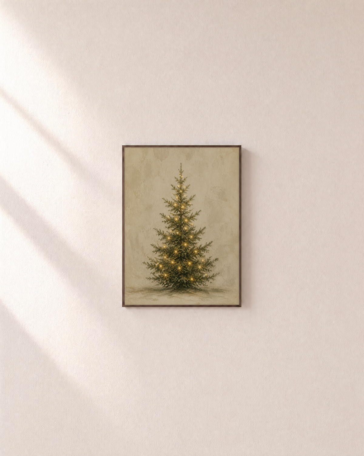 Lit Fir glowing fir print: unframed print is shown framed for styling on a plain wall; frame not included