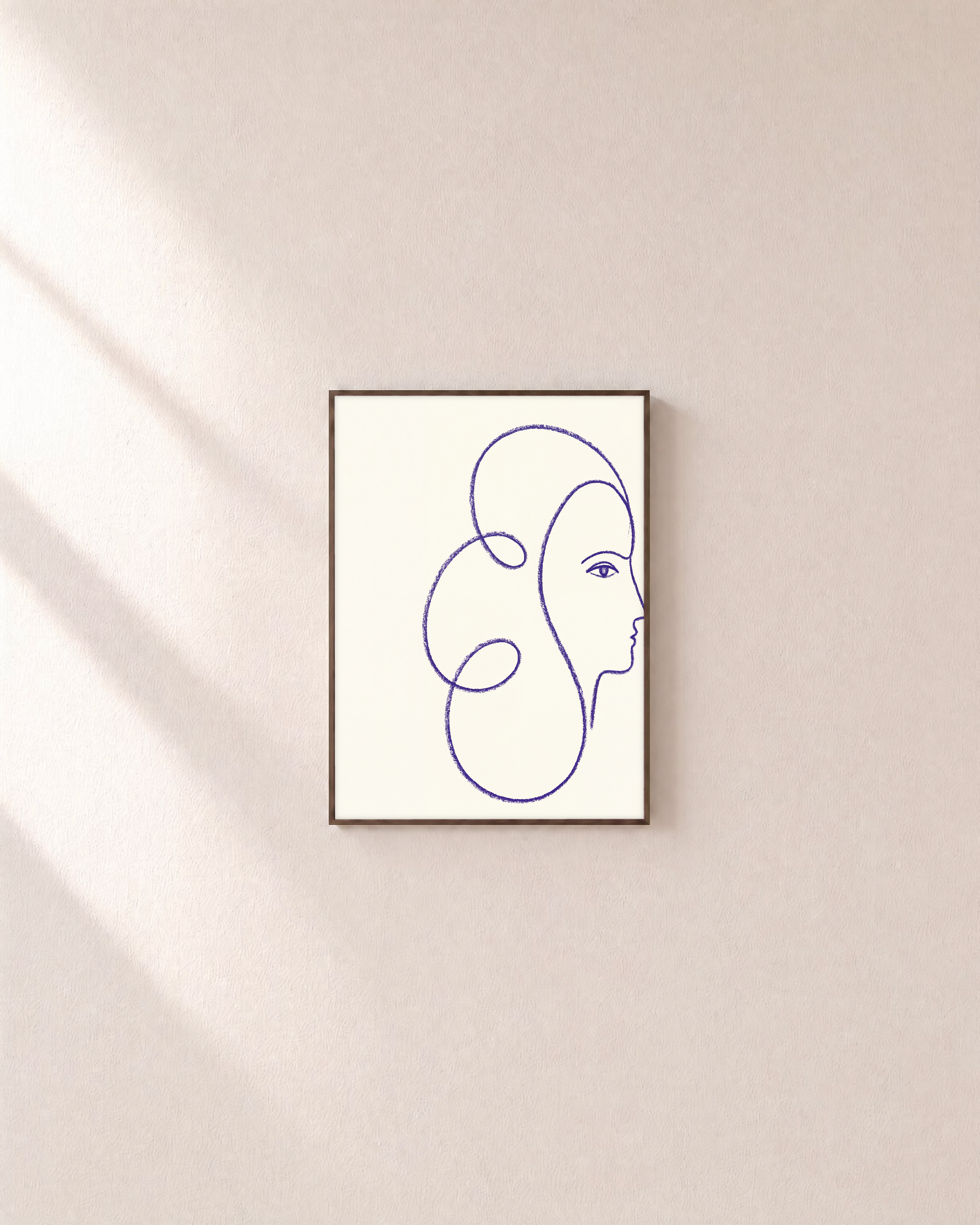 Indigo Profile Line unframed print is shown framed for styling in a plain wall; frame not included