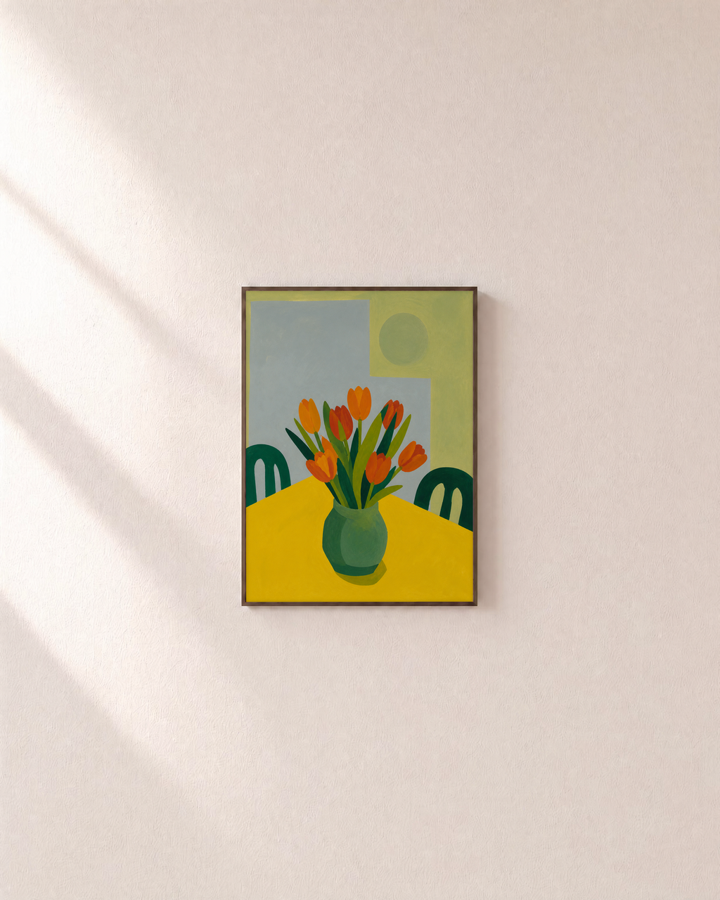 Breakfast Tulips tulip wall art: unframed print is shown framed for styling on a plain wall; frame not included