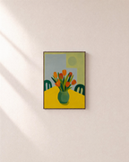 Breakfast Tulips tulip wall art: unframed print is shown framed for styling on a plain wall; frame not included
