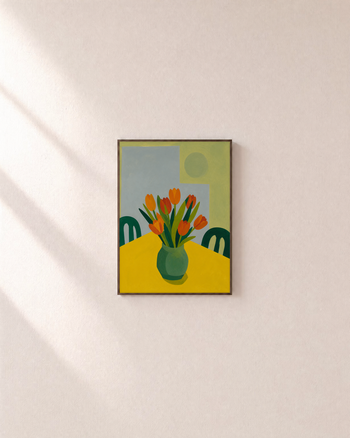 Breakfast Tulips tulip wall art: unframed print is shown framed for styling on a plain wall; frame not included