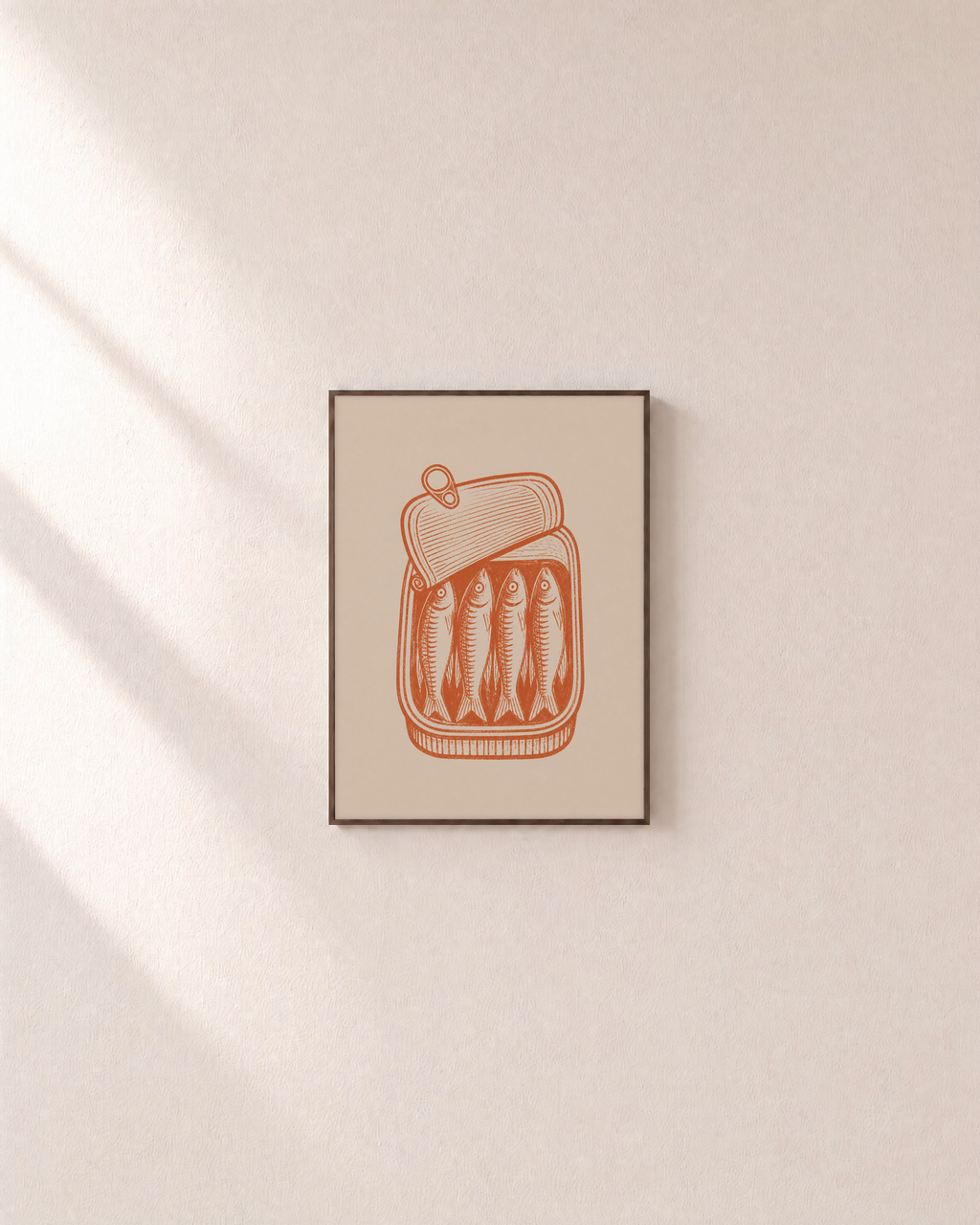 Sardine Lunch fish prints: unframed print is shown framed for styling on a plain wall; frame not included