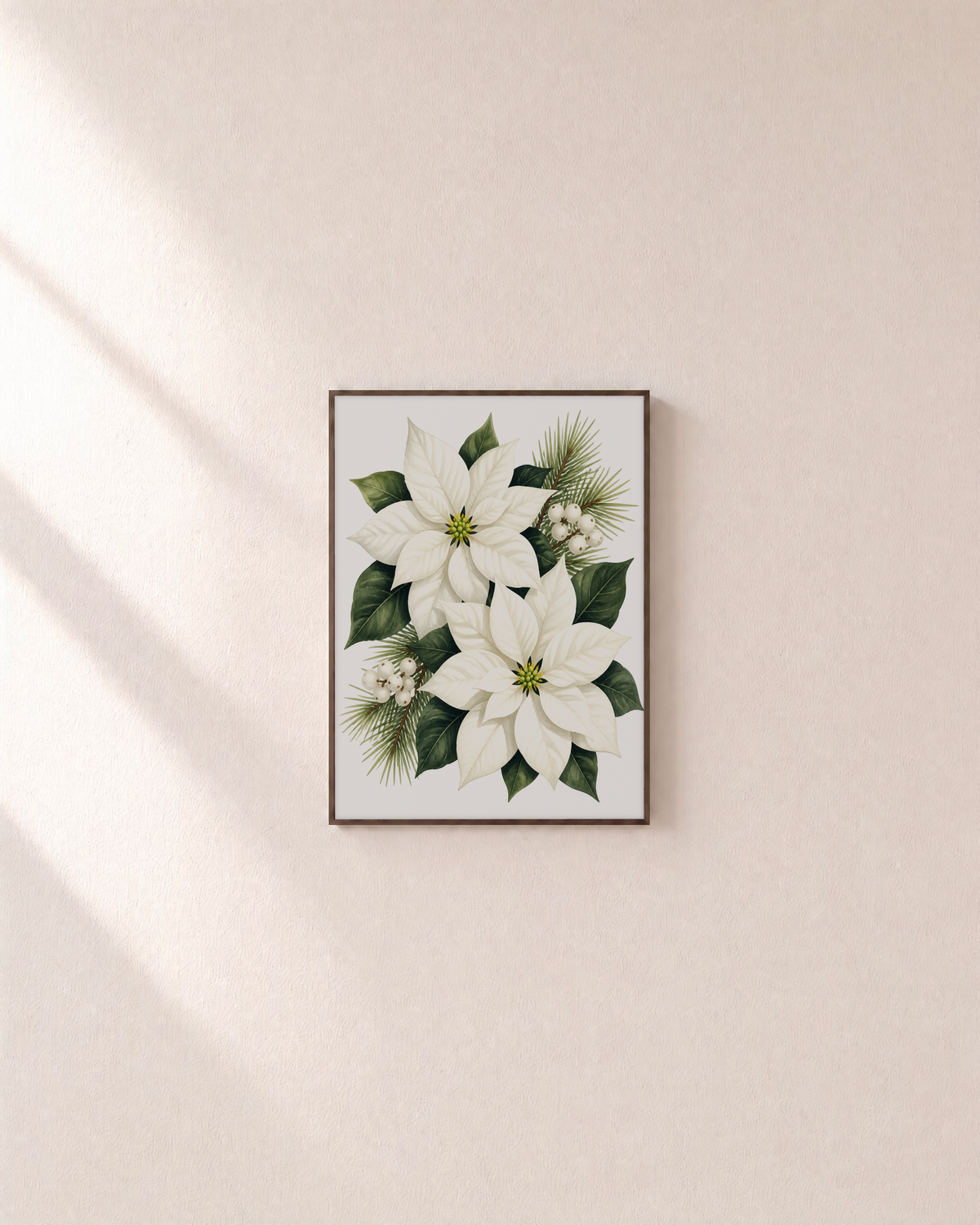 Winter Bloom white poinsettia print: unframed print is shown framed for styling on a plain wall; frame not included