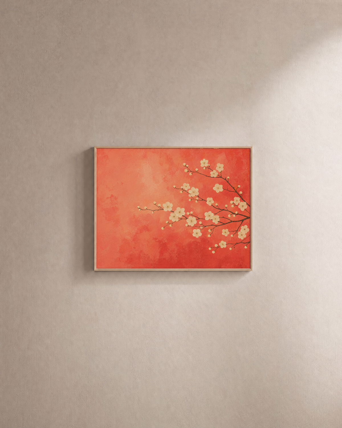 Plum Blossoms From Right unframed print is shown framed for styling in a plain wall; frame not included