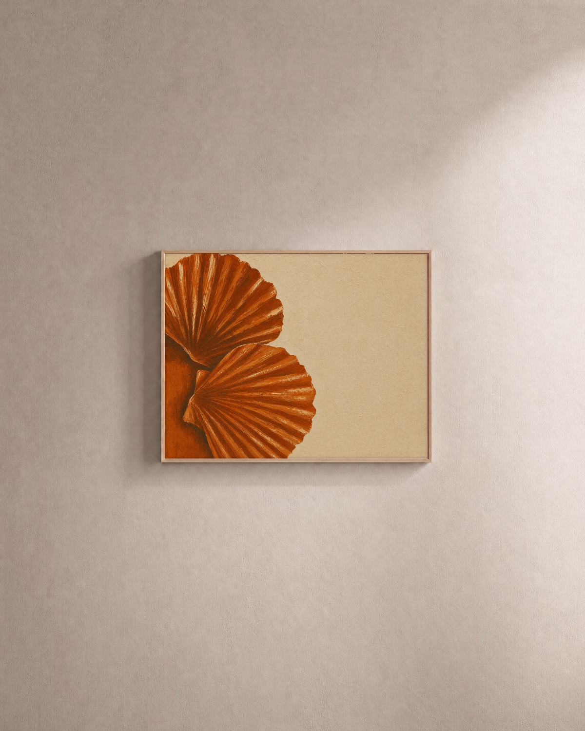 Two Shells From Left unframed print is shown framed for styling in a plain wall; frame not included