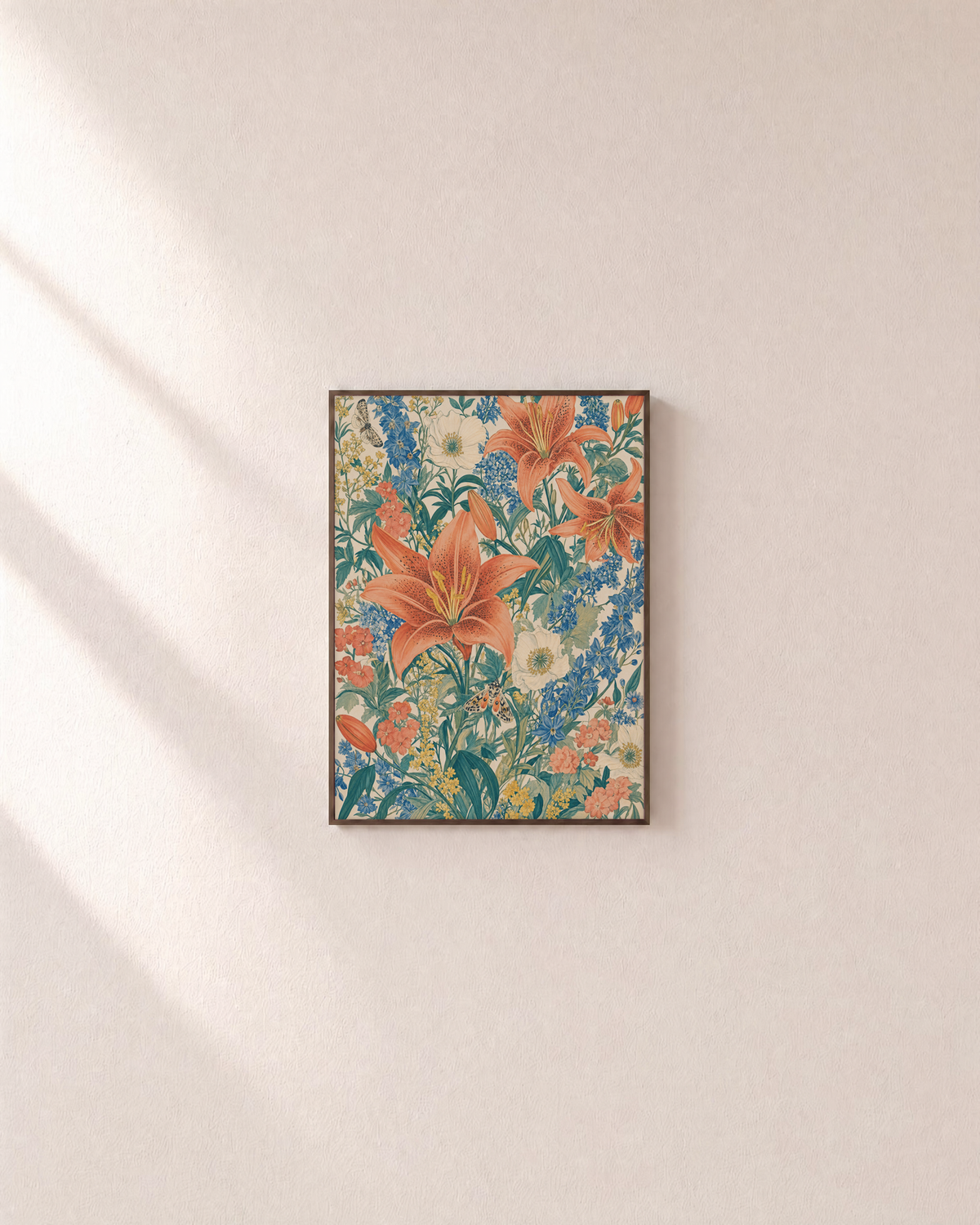 Wild Spray coral lily meadow wall art: unframed print is shown framed for styling on a plain wall; frame not included