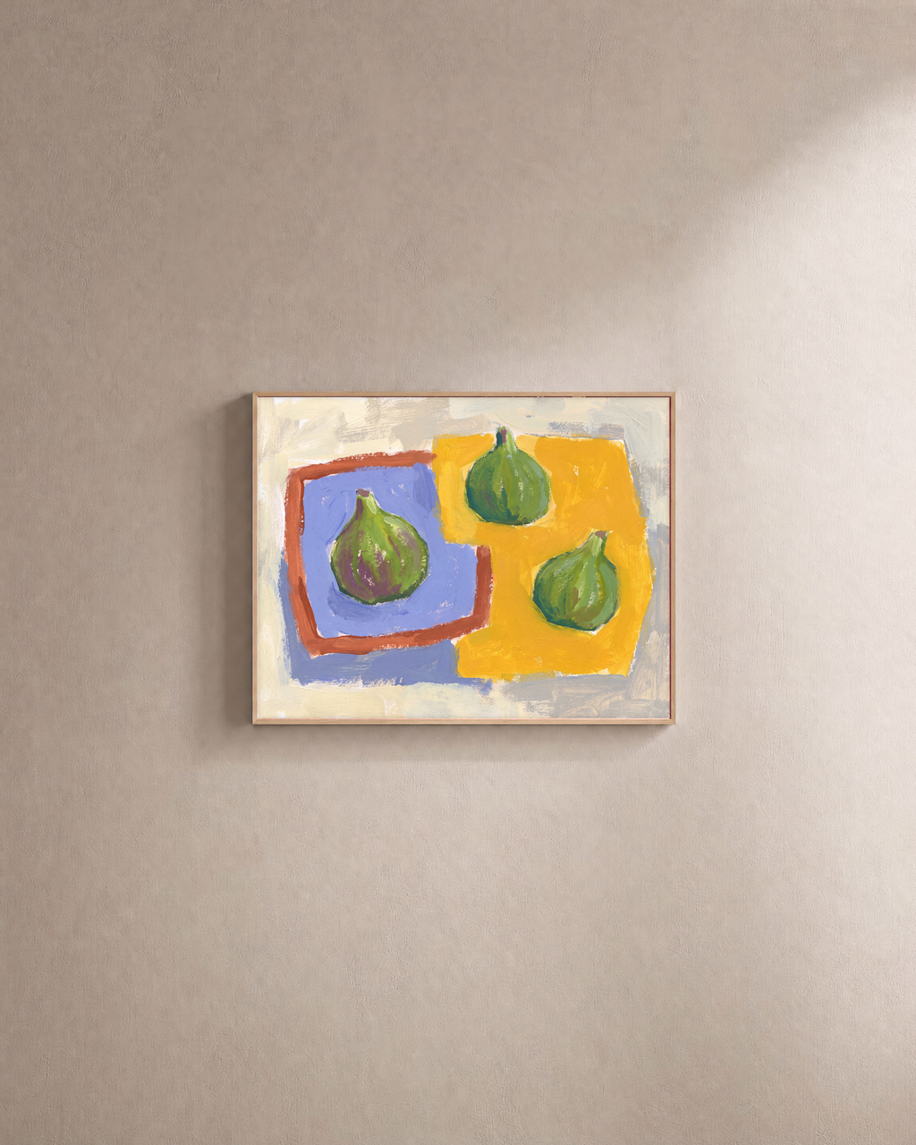 Three Figs unframed print is shown framed for styling in a plain wall; frame not included