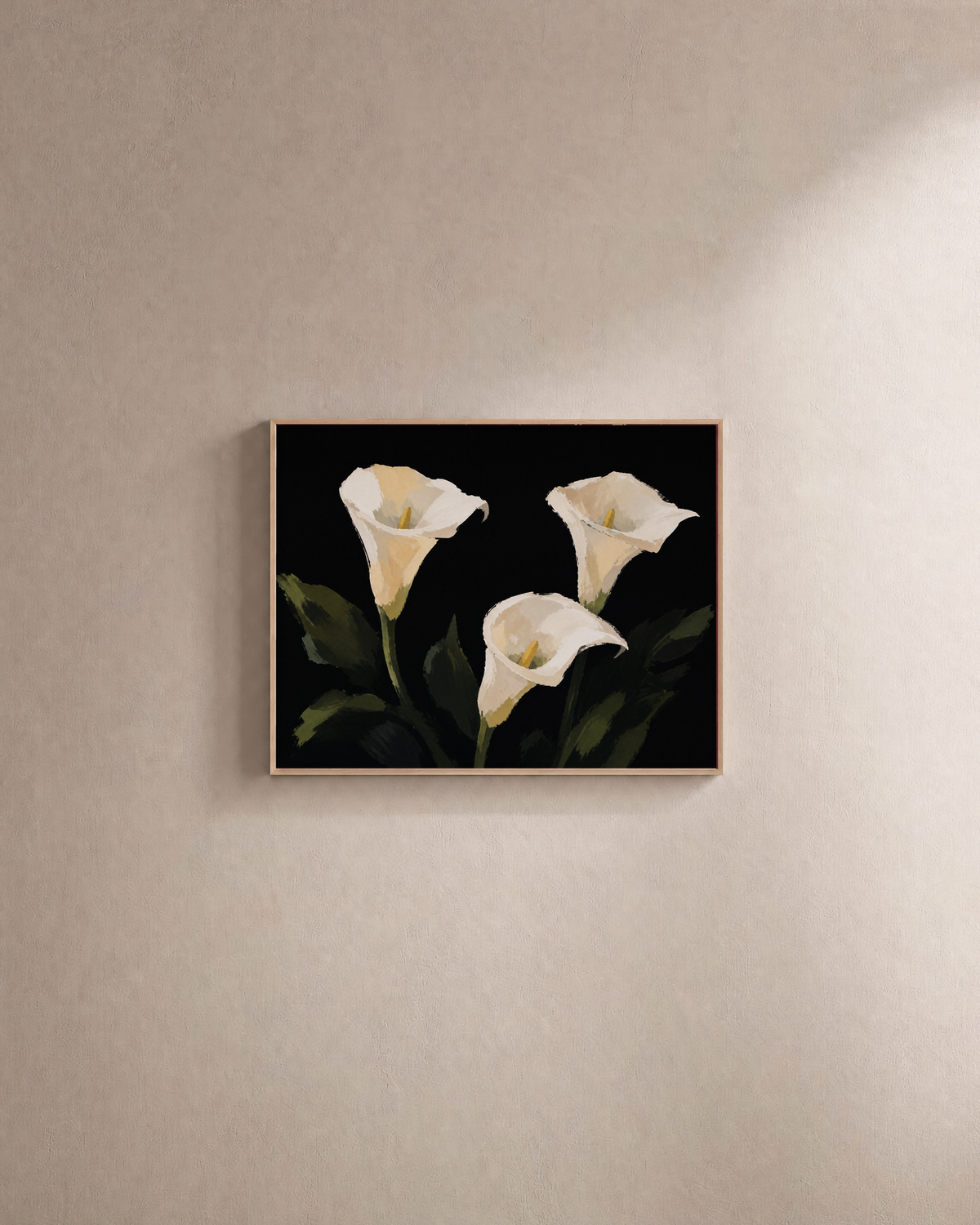 Night Callas cream calla lily wall art: unframed print is shown framed for styling on a plain wall; frame not included