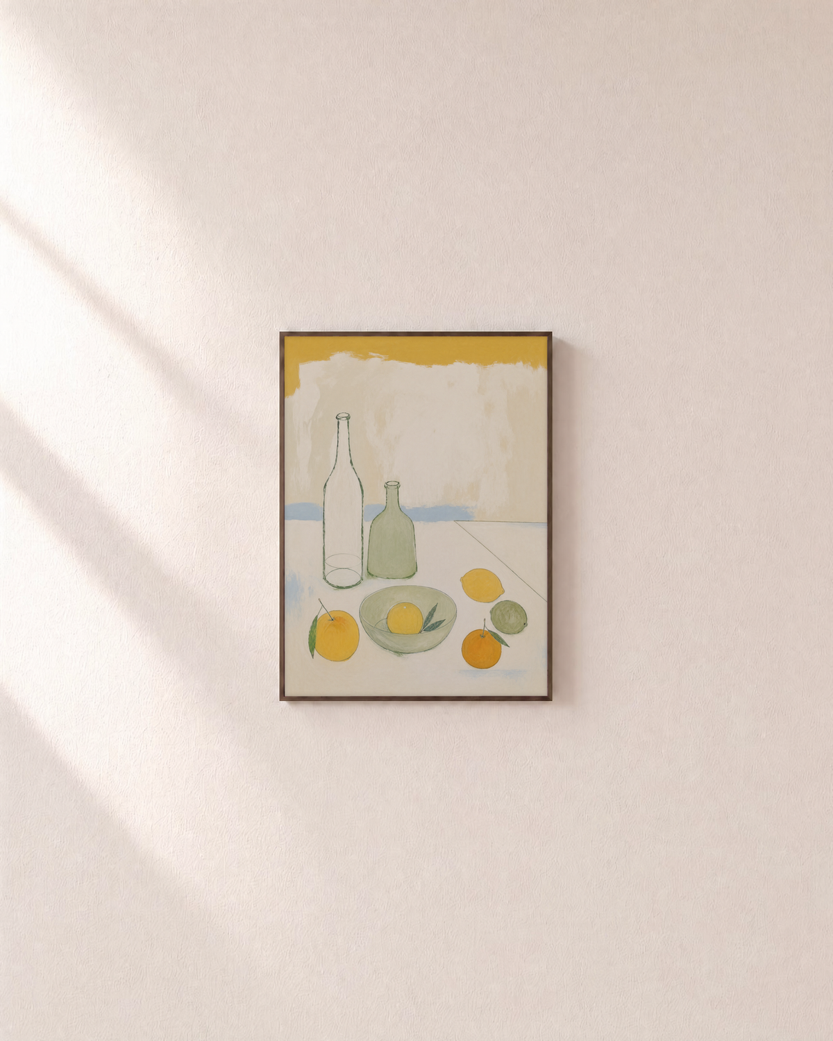 Morning Bottles citrus bottle still life wall art: unframed print is shown framed for styling on a plain wall; frame not included