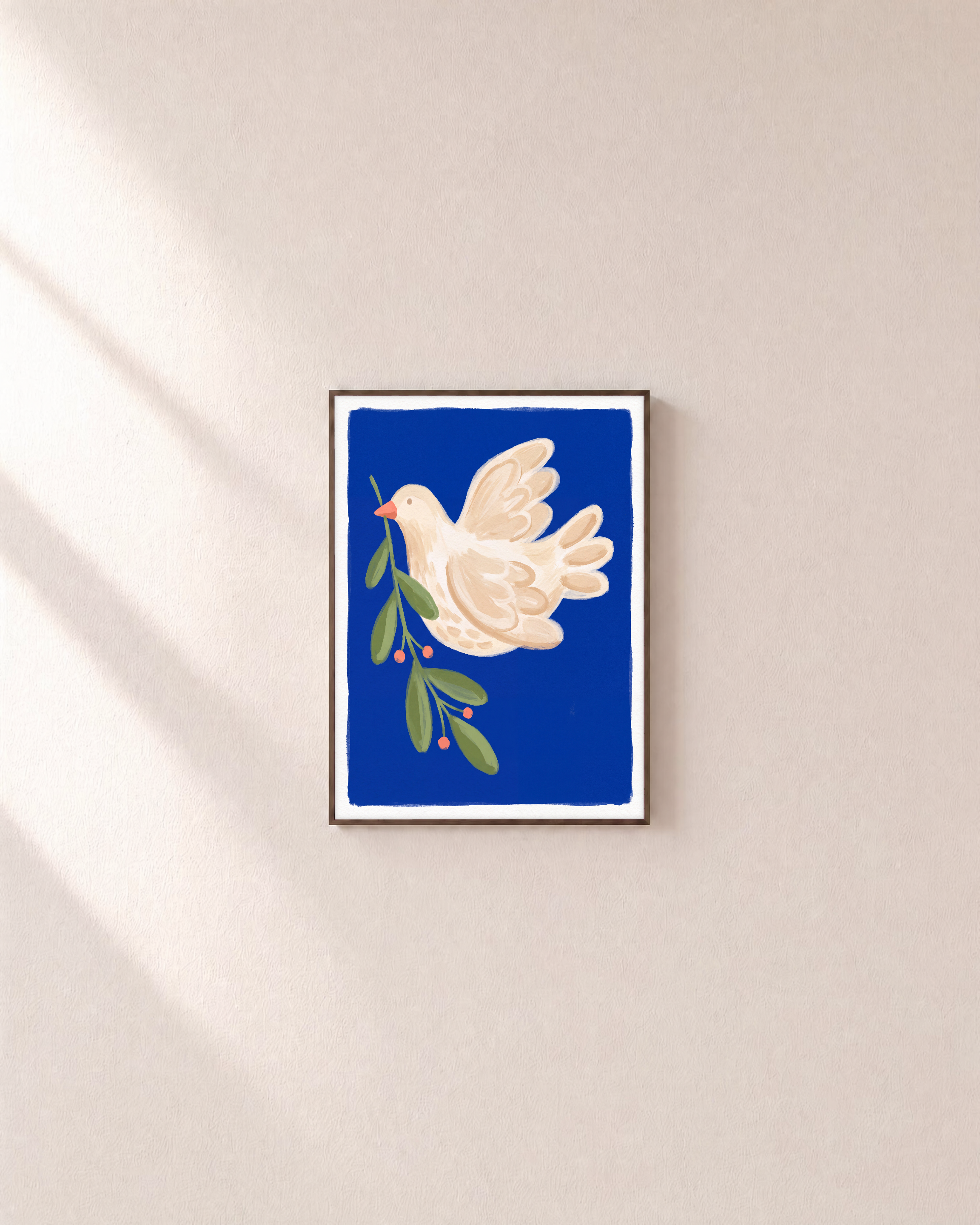 Dove Branch Blue unframed print is shown framed for styling in a plain wall; frame not included
