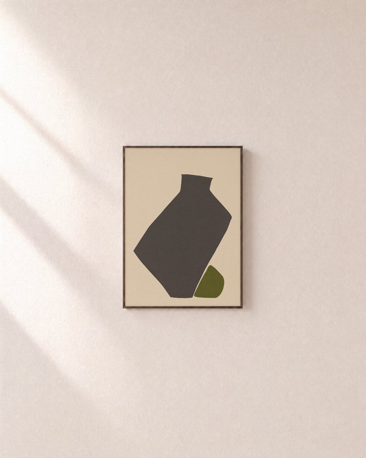 Olive Tilt olive green abstract vase wall art print: unframed print is shown framed for styling on a plain wall; frame not included