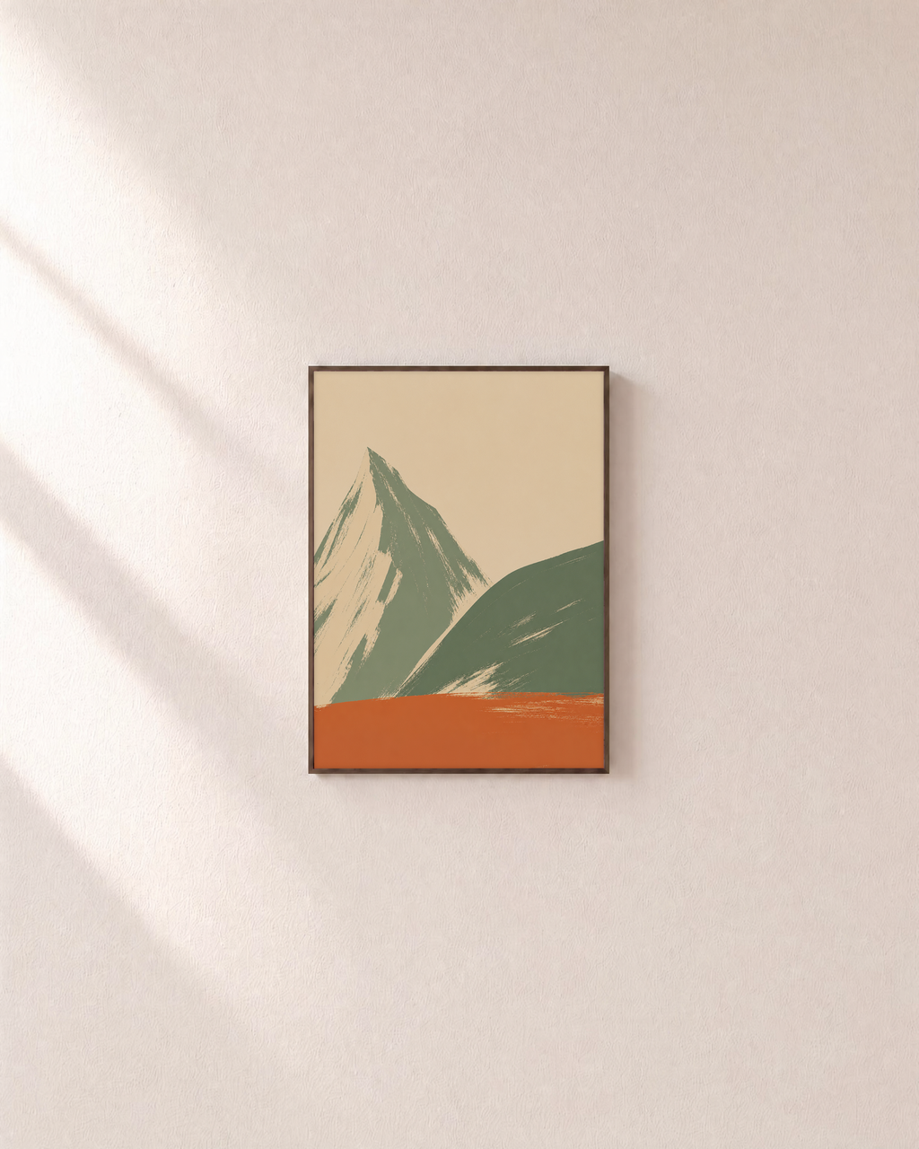 Sage Hills minimalist mountain wall art: unframed print is shown framed for styling on a plain wall; frame not included