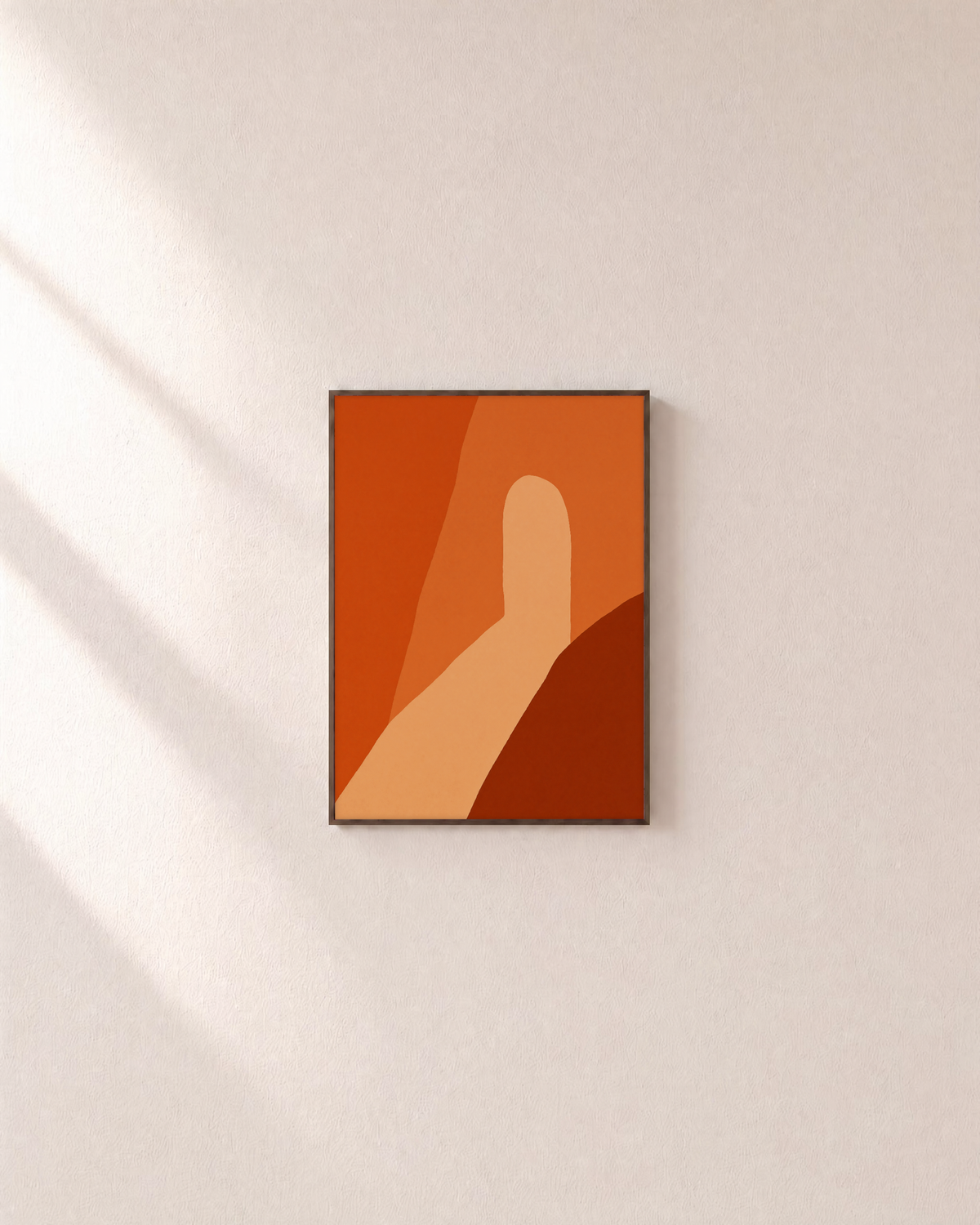 Orange Shapes on Beige Field overlapping orange shapes wall art print: unframed print is shown framed for styling on a plain wall; frame not included