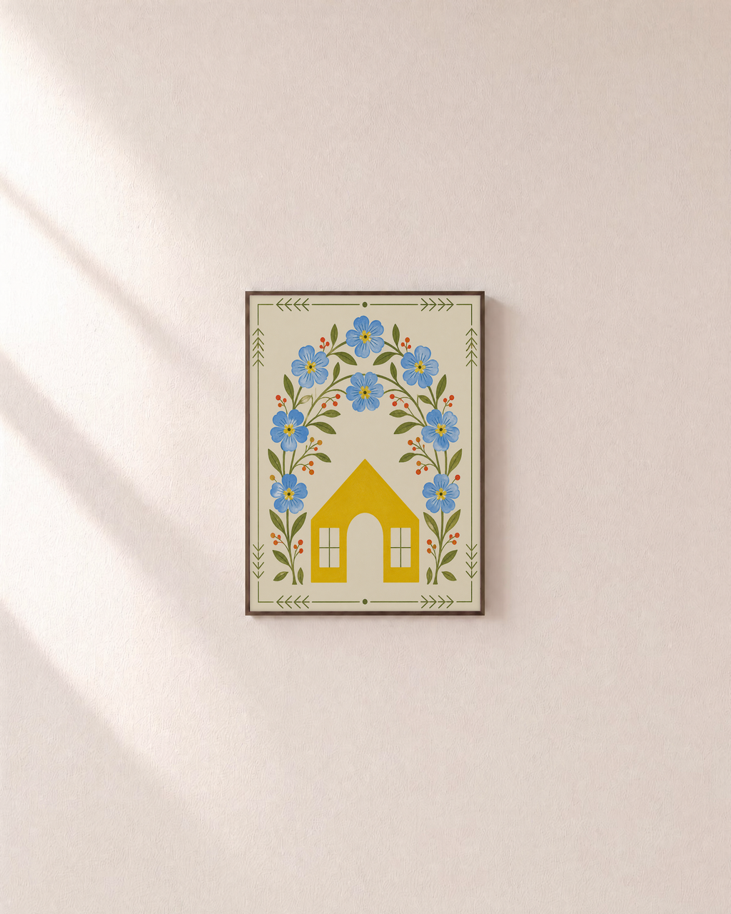 Bloom Cottage cottage wall art: unframed print is shown framed for styling on a plain wall; frame not included