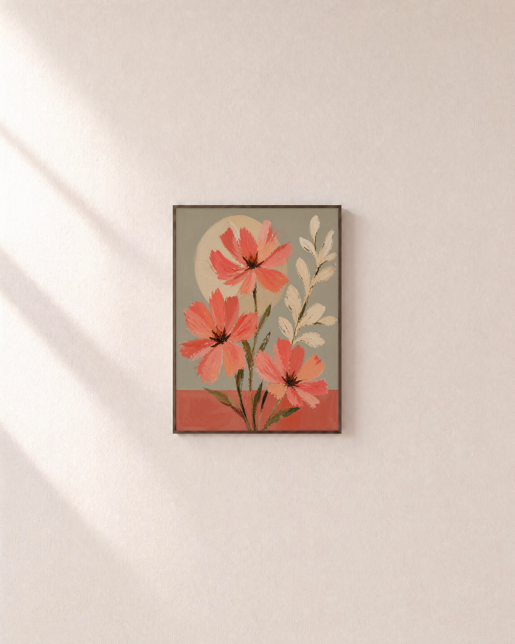 Third Bloom coral floral wall art: unframed print is shown framed for styling on a plain wall; frame not included