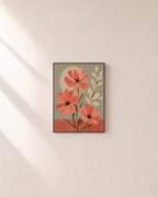 Third Bloom coral floral wall art: unframed print is shown framed for styling on a plain wall; frame not included