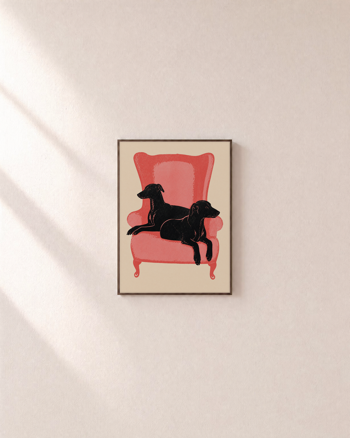 Chair Dogs coral chair ink dogs wall art: unframed print is shown framed for styling on a plain wall; frame not included