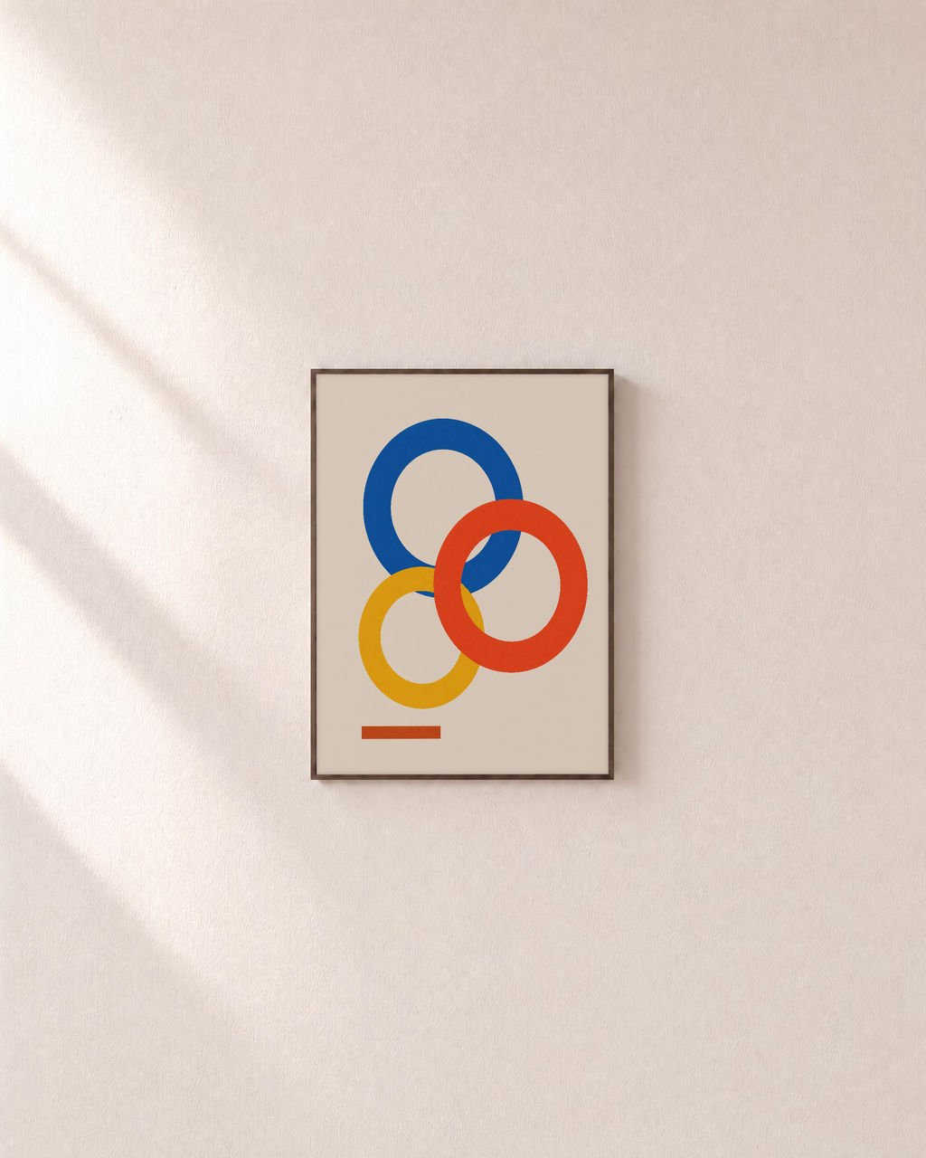 Three Offset Rings One Bar unframed print is shown framed for styling in a plain wall; frame not included
