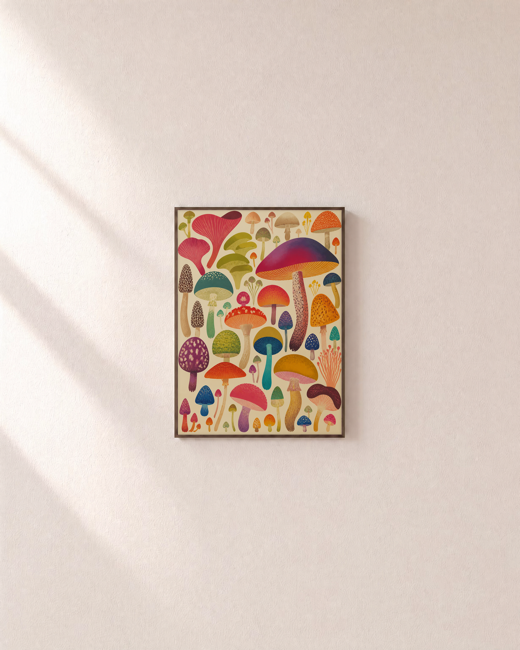Mushroom Parade botanical mushroom poster print: unframed print is shown framed for styling on a plain wall; frame not included