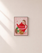 Teatime Hedgehogs hedgehog teapot print: unframed print is shown framed for styling on a plain wall; frame not included