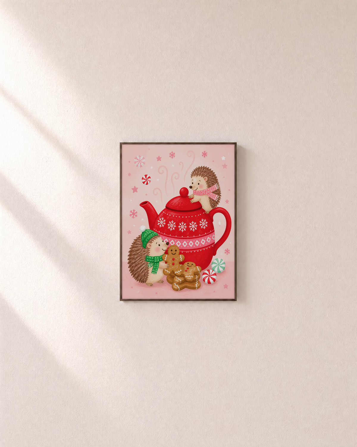 Teatime Hedgehogs hedgehog teapot print: unframed print is shown framed for styling on a plain wall; frame not included