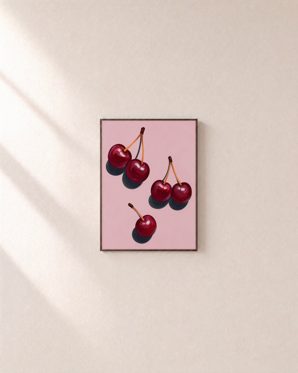 Cherry Scatter cherry art print: unframed print is shown framed for styling on a plain wall; frame not included