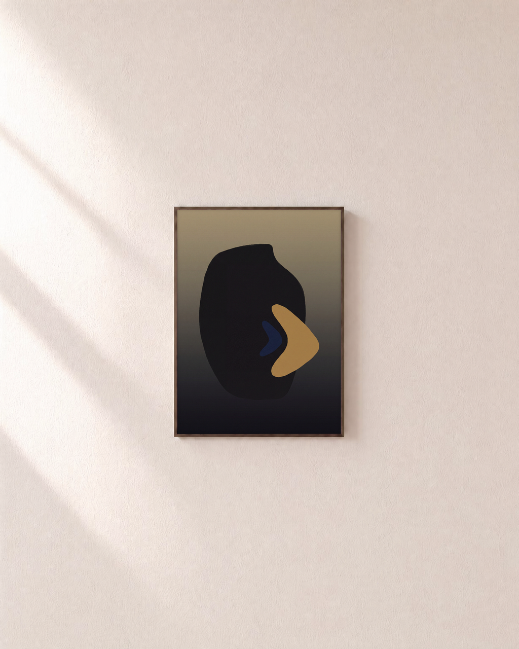 Charcoal Vessel with Mustard black mid century wall art: unframed print is shown framed for styling on a plain wall; frame not included