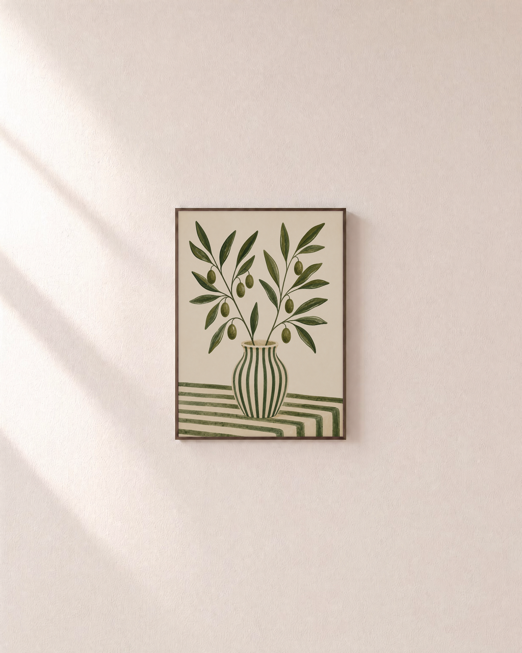Olive Keeper olive branch print: unframed print is shown framed for styling on a plain wall; frame not included