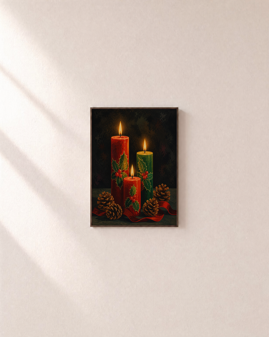 Advent Candles holly candle print: unframed print is shown framed for styling on a plain wall; frame not included