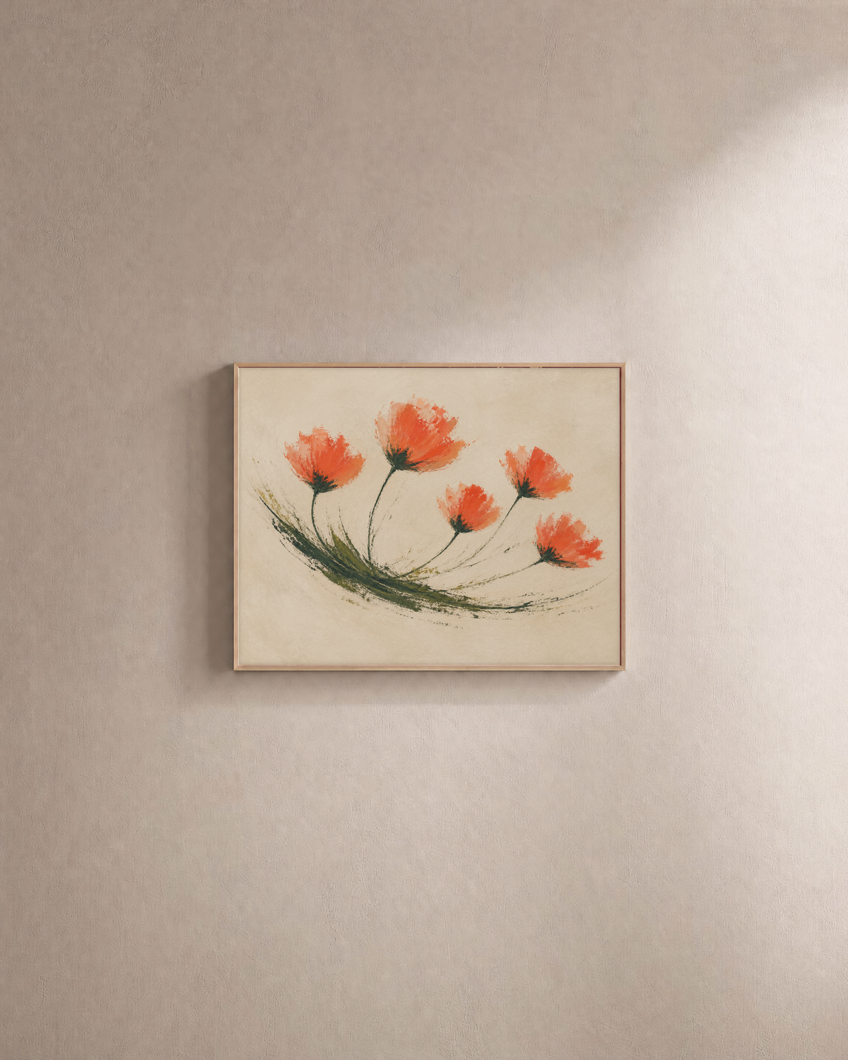 Five O'Clock Blooms coral brush flower wall art: unframed print is shown framed for styling on a plain wall; frame not included