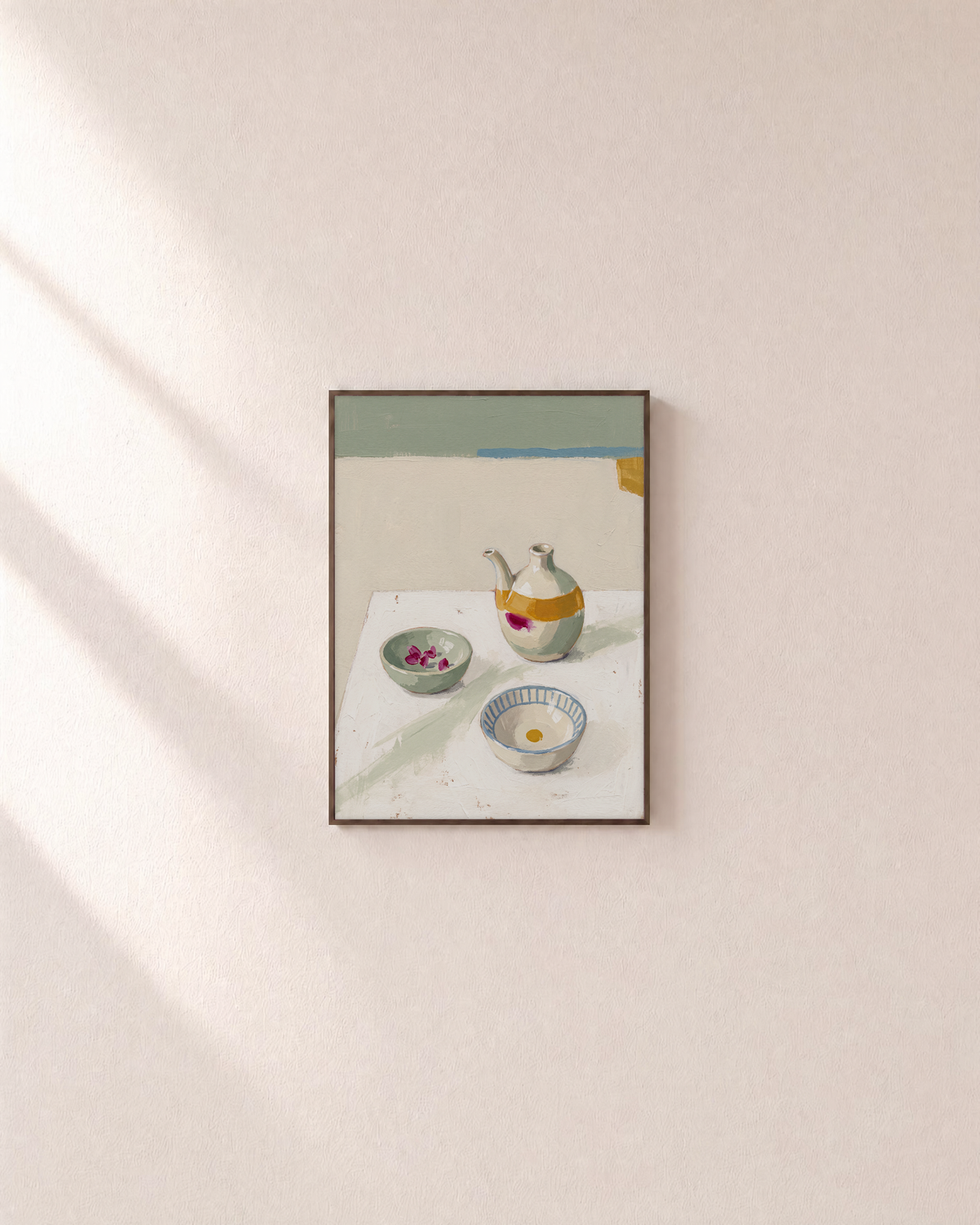 After Tea olive oil wall art: unframed print is shown framed for styling on a plain wall; frame not included