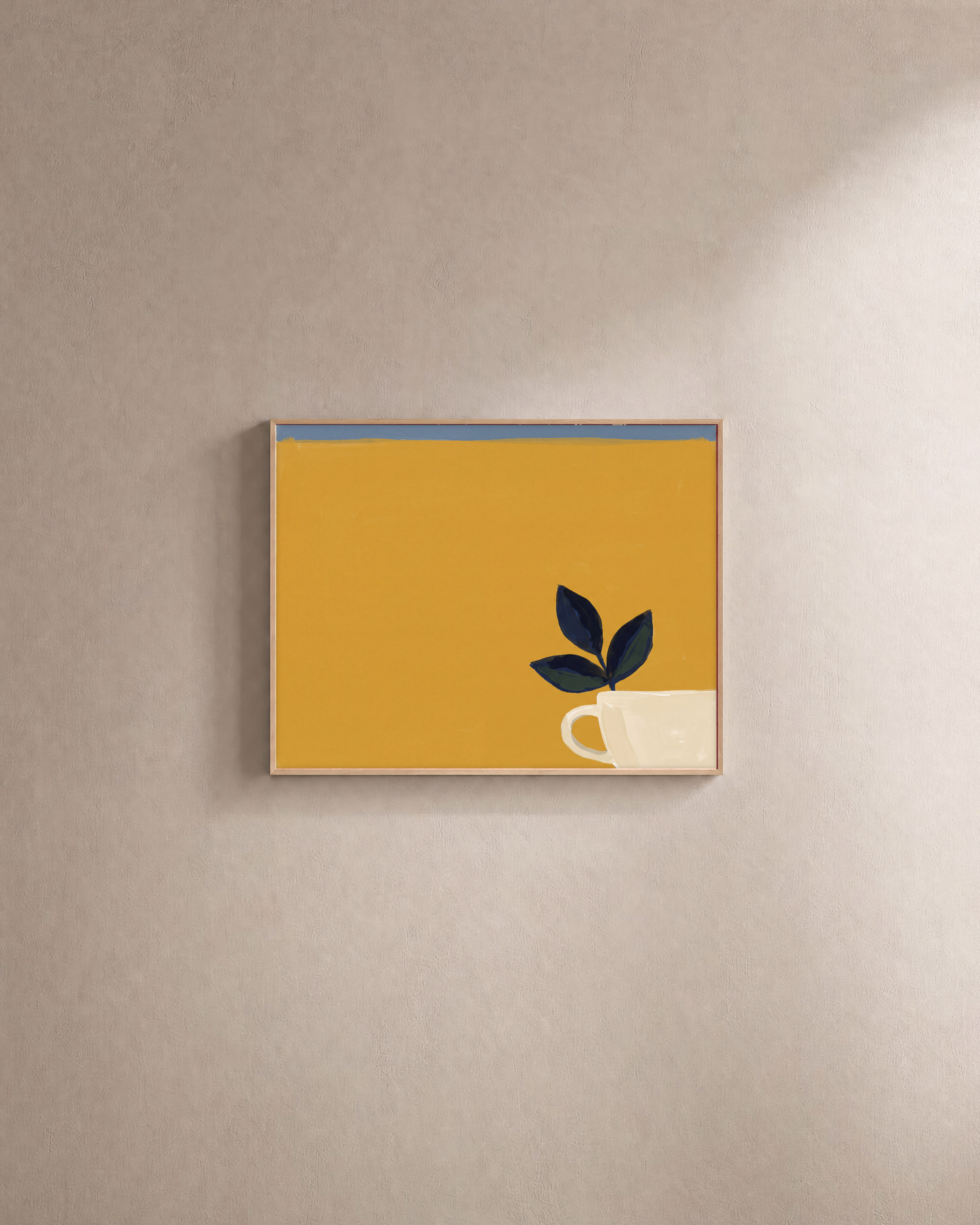 Mustard Leaf Pot Studio edition unframed print is shown framed for styling in a plain wall; Frame not included