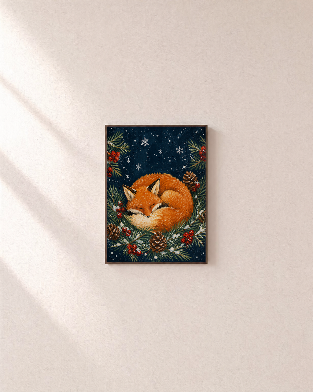 Fox Nap winter fox print: unframed print is shown framed for styling on a plain wall; frame not included
